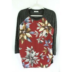 Eloges Top Large Red Gray Womens Floral Print Pockets 3/4 Sleeve